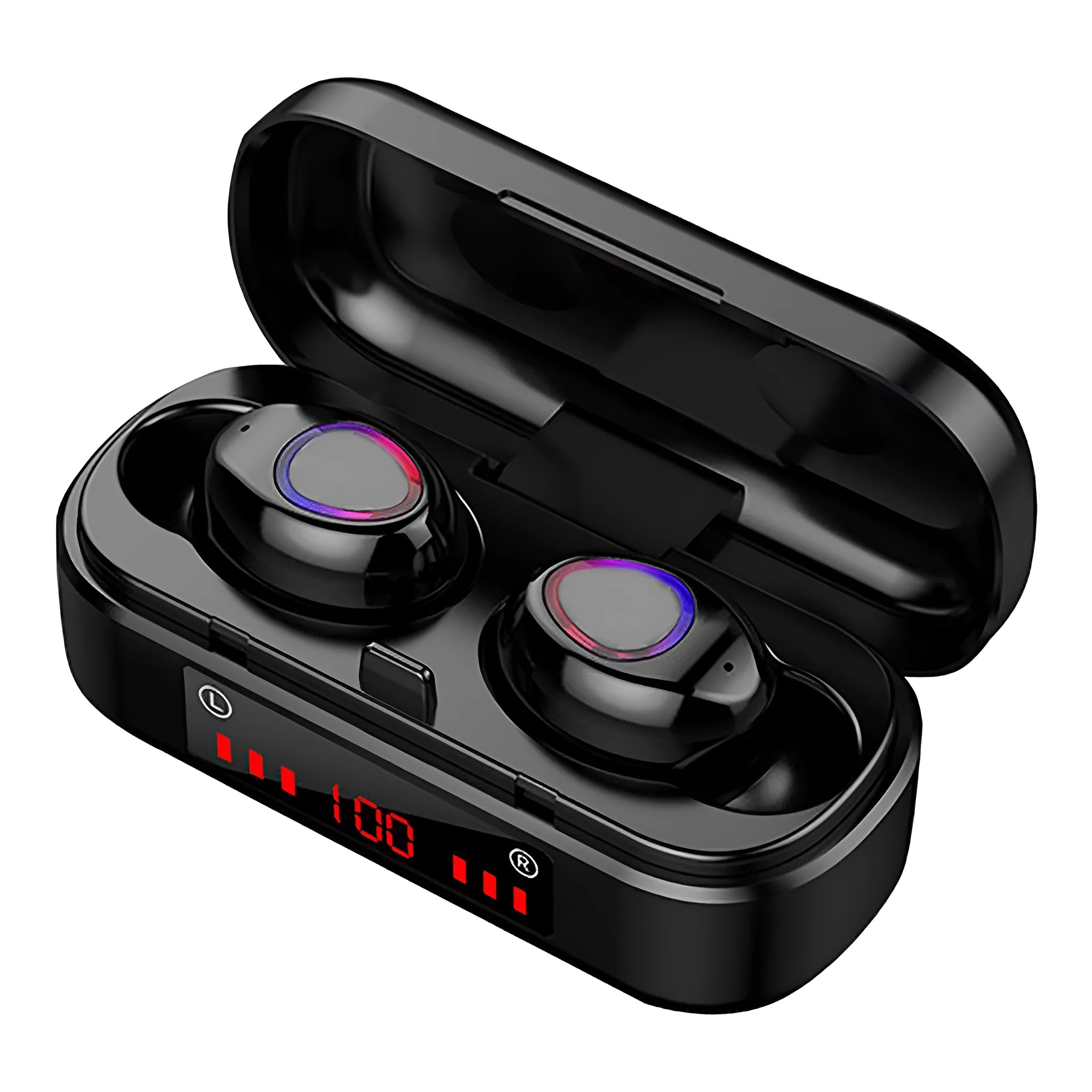 Wireless Bluetooth TWS earbuds with LED button display and three different ear cap sizes