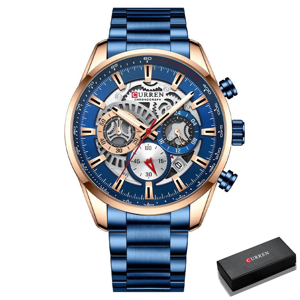 Men's business watch with stainless steel strap, alloy case, 4.5cm dial, calendar display, and single folding buckle on a white background