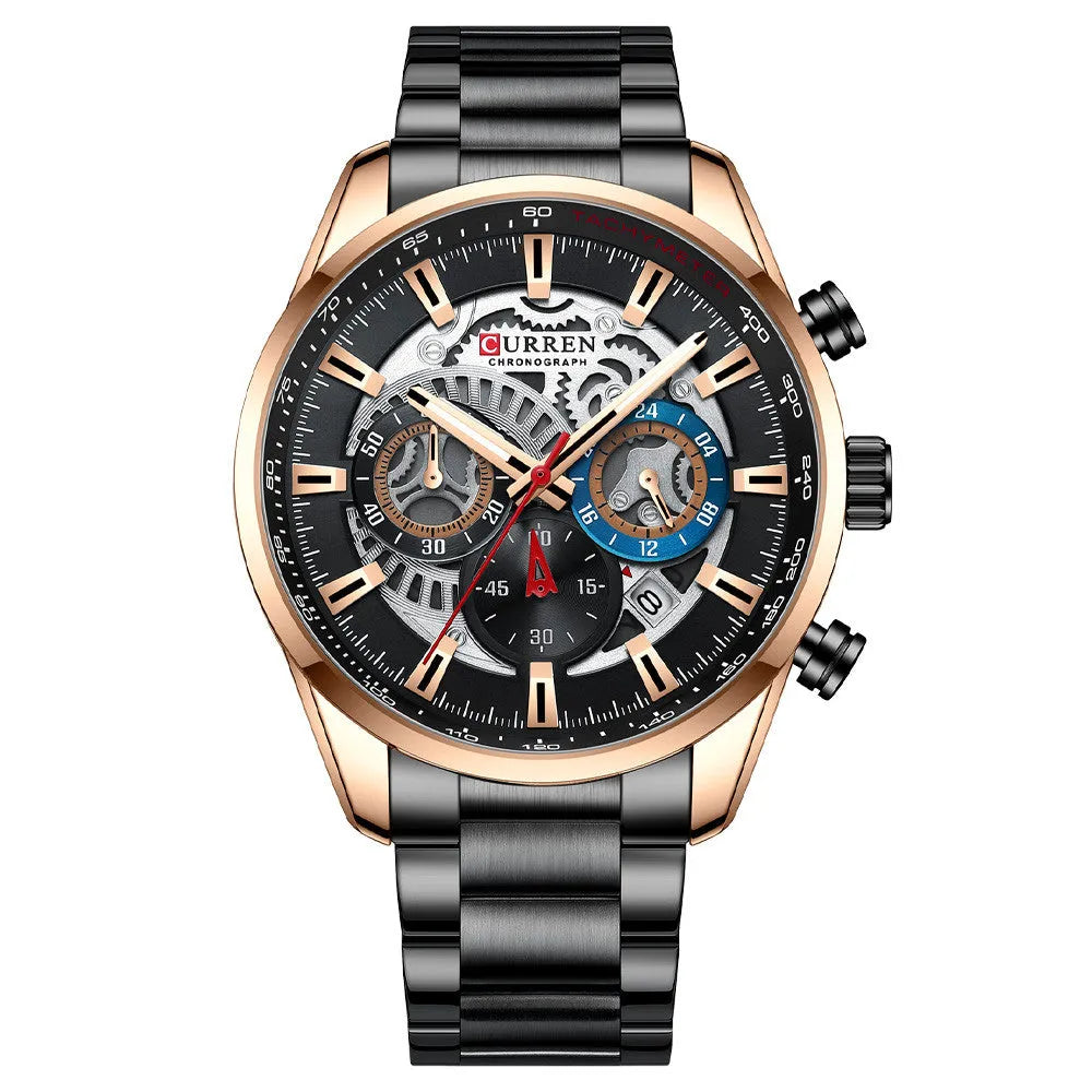 Men's business watch with stainless steel strap, alloy case, 4.5cm dial, calendar display, and single folding buckle on a white background