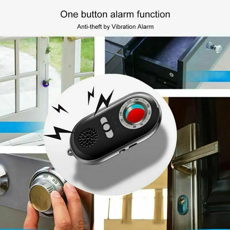 Compact black rectangular wireless signal detector with vibration alarm for security and pinhole camera detection.