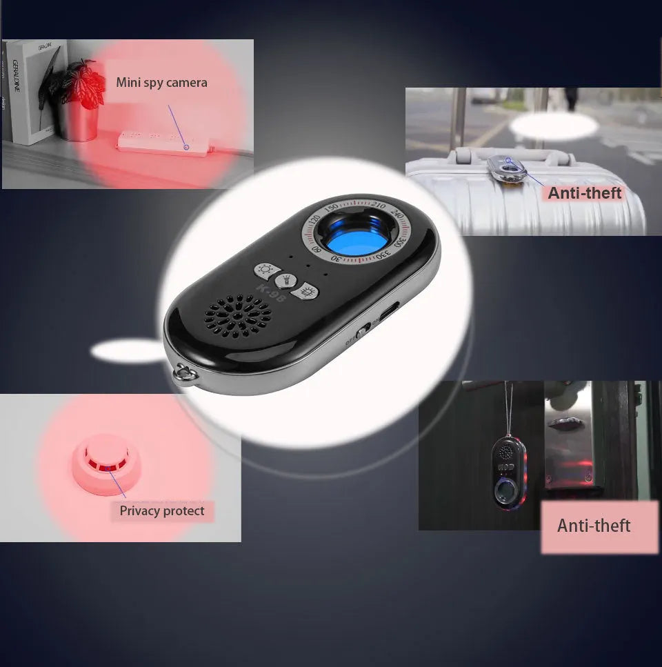 Compact black rectangular wireless signal detector with vibration alarm for security and pinhole camera detection.