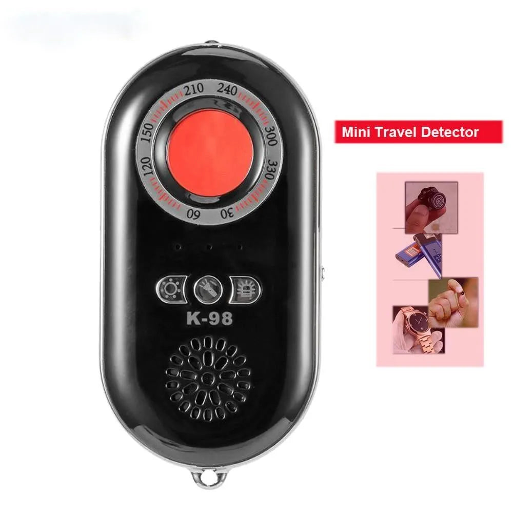Compact black rectangular wireless signal detector with vibration alarm for security and pinhole camera detection.