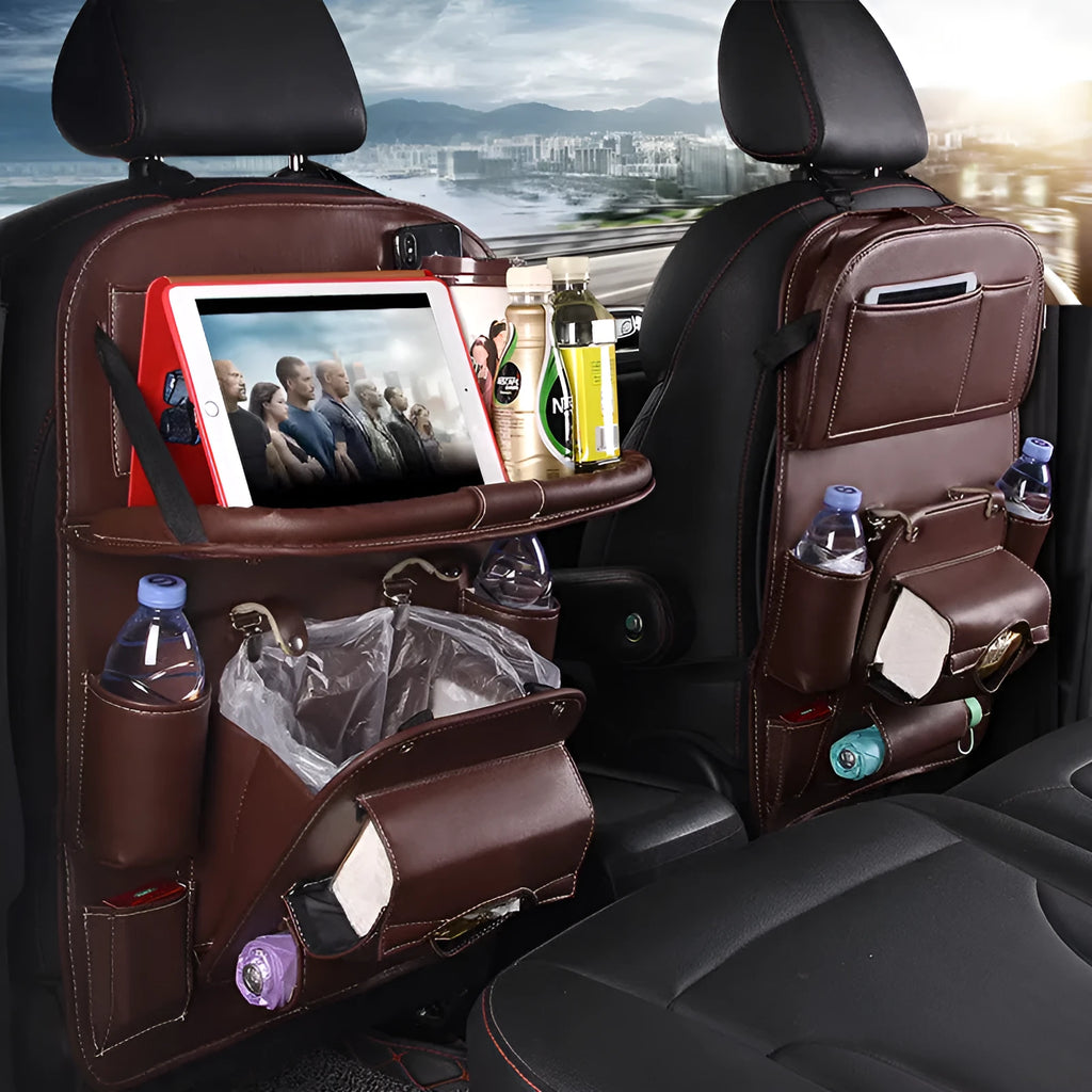 PU leather car seat back hanging storage organiser bag in beige colour showing multiple pockets.