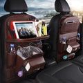 PU leather car seat back hanging storage organiser bag in beige colour showing multiple pockets.