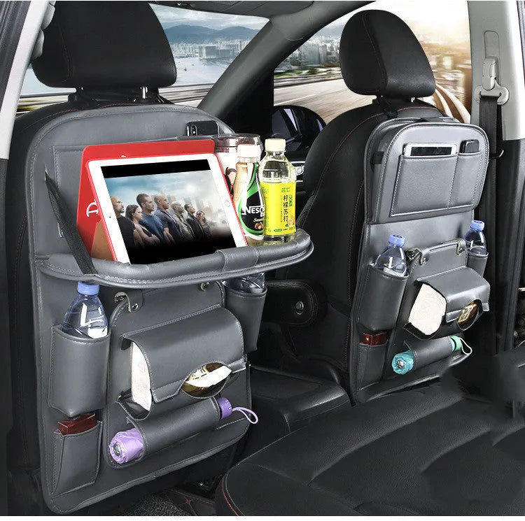 PU leather car seat back hanging storage organiser bag in beige colour showing multiple pockets.