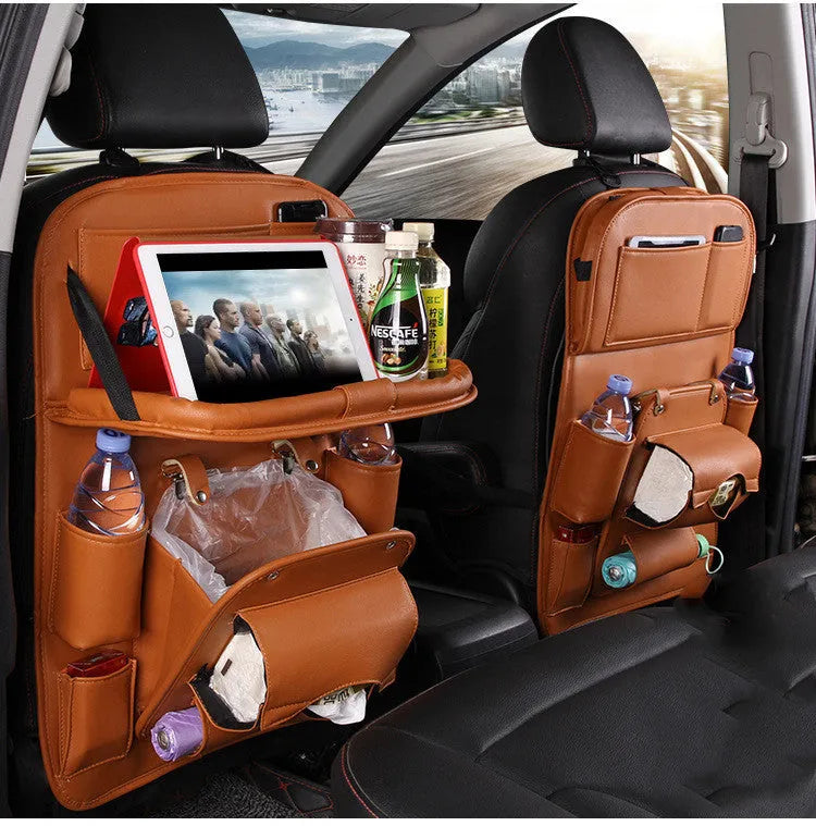 PU leather car seat back hanging storage organiser bag in beige colour showing multiple pockets.