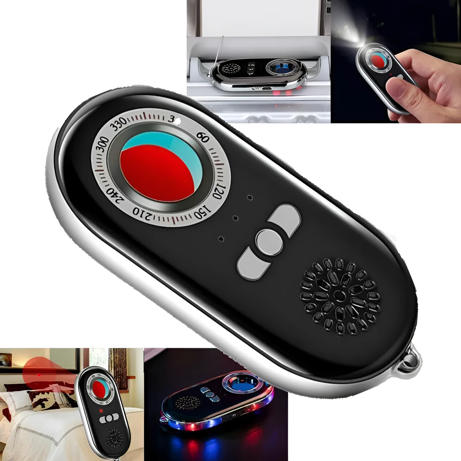 Compact black rectangular wireless signal detector with vibration alarm for security and pinhole camera detection.