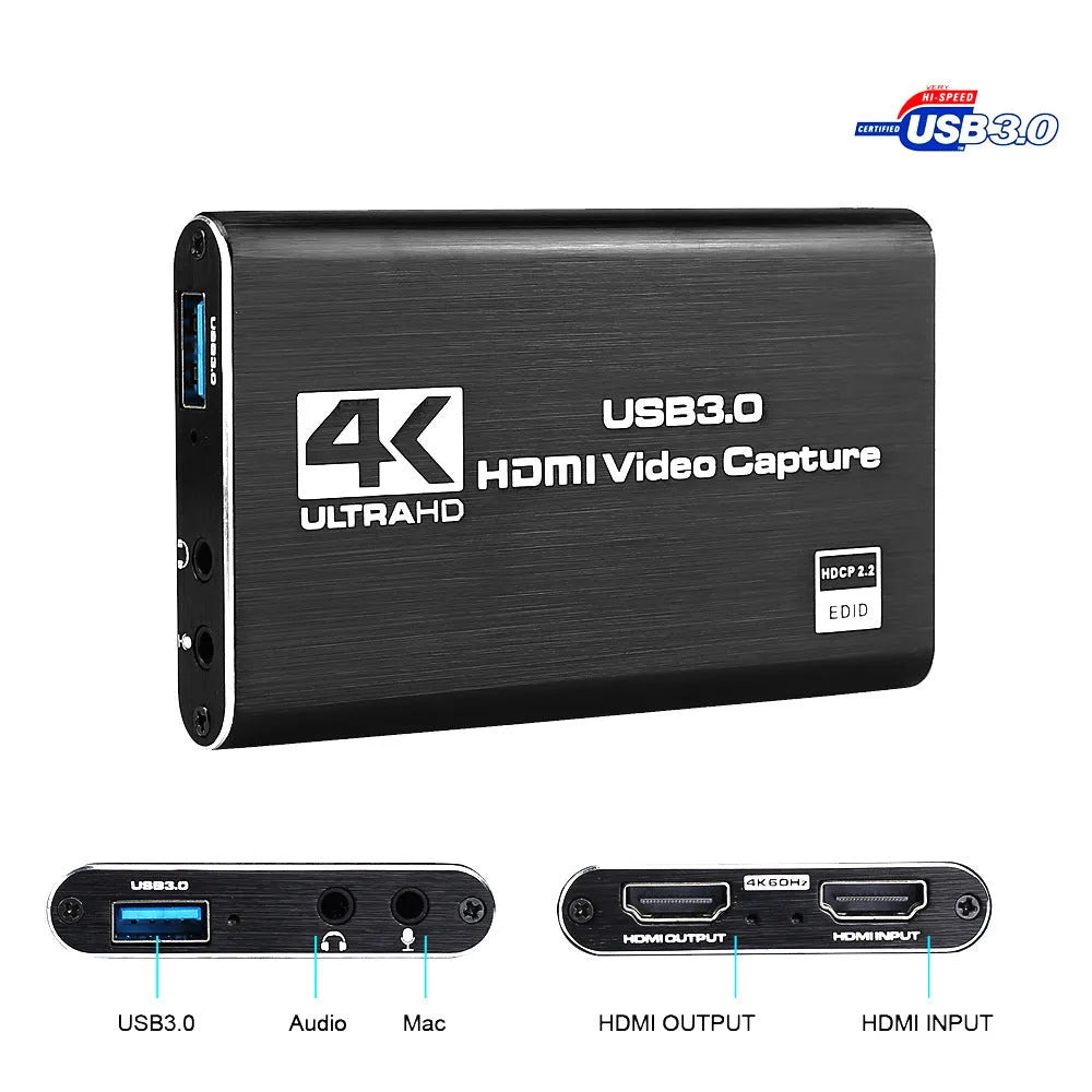 USB3.0 HDMI video capture card in black with ITE chip for 4K screen recording and 1080P 60Fps game capture