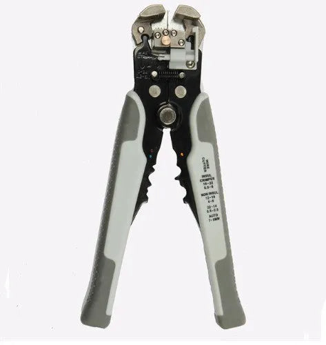 Yellow automatic wire stripper and crimping multitool with adjustment screw for electrical work