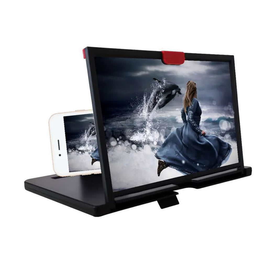 A black desktop mobile phone screen magnifier holder with a built-in lazy bracket, showing a phone placed inside.