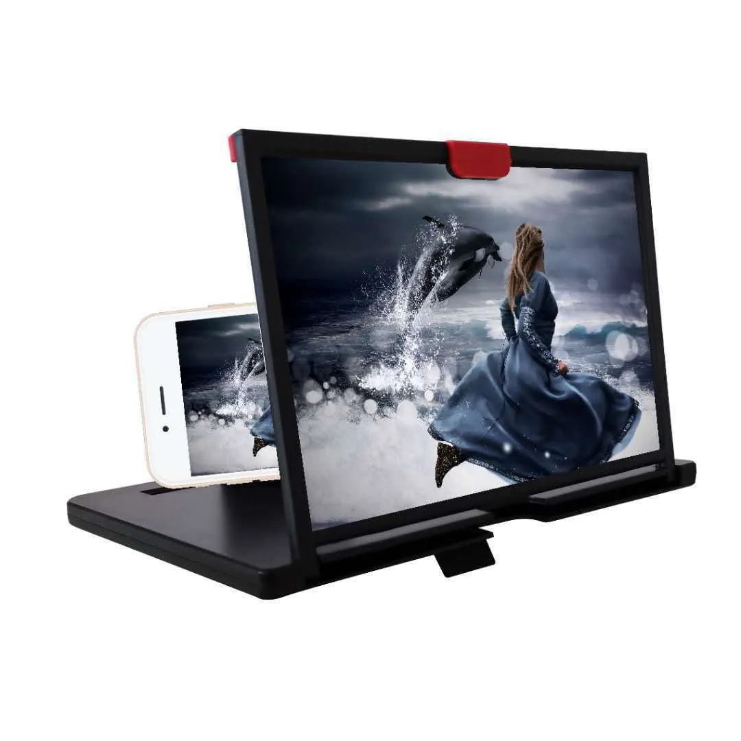 A black desktop mobile phone screen magnifier holder with a built-in lazy bracket, showing a phone placed inside.