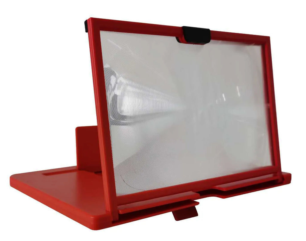 A black desktop mobile phone screen magnifier holder with a built-in lazy bracket, showing a phone placed inside.