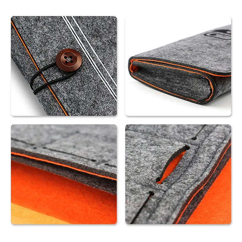 Black felt pouch case for Nintendo Switch showing game card slots and double-layer storage design