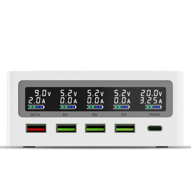 Five-port laptop and mobile phone charger with QC3.0 fast charge and wireless charging pad