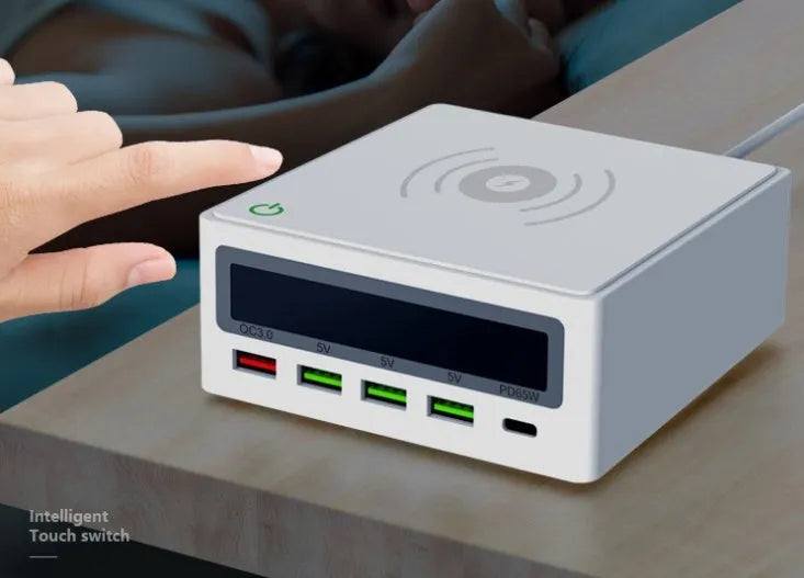 Five-port laptop and mobile phone charger with QC3.0 fast charge and wireless charging pad
