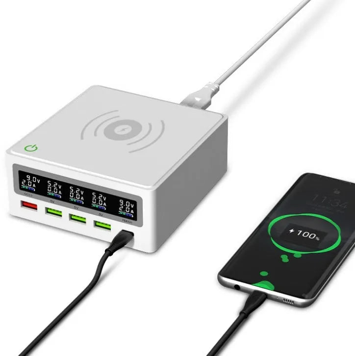 Five-port laptop and mobile phone charger with QC3.0 fast charge and wireless charging pad