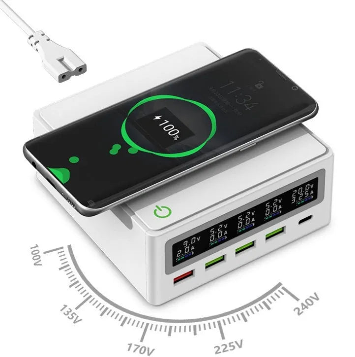 Five-port laptop and mobile phone charger with QC3.0 fast charge and wireless charging pad
