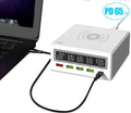 Five-port laptop and mobile phone charger with QC3.0 fast charge and wireless charging pad