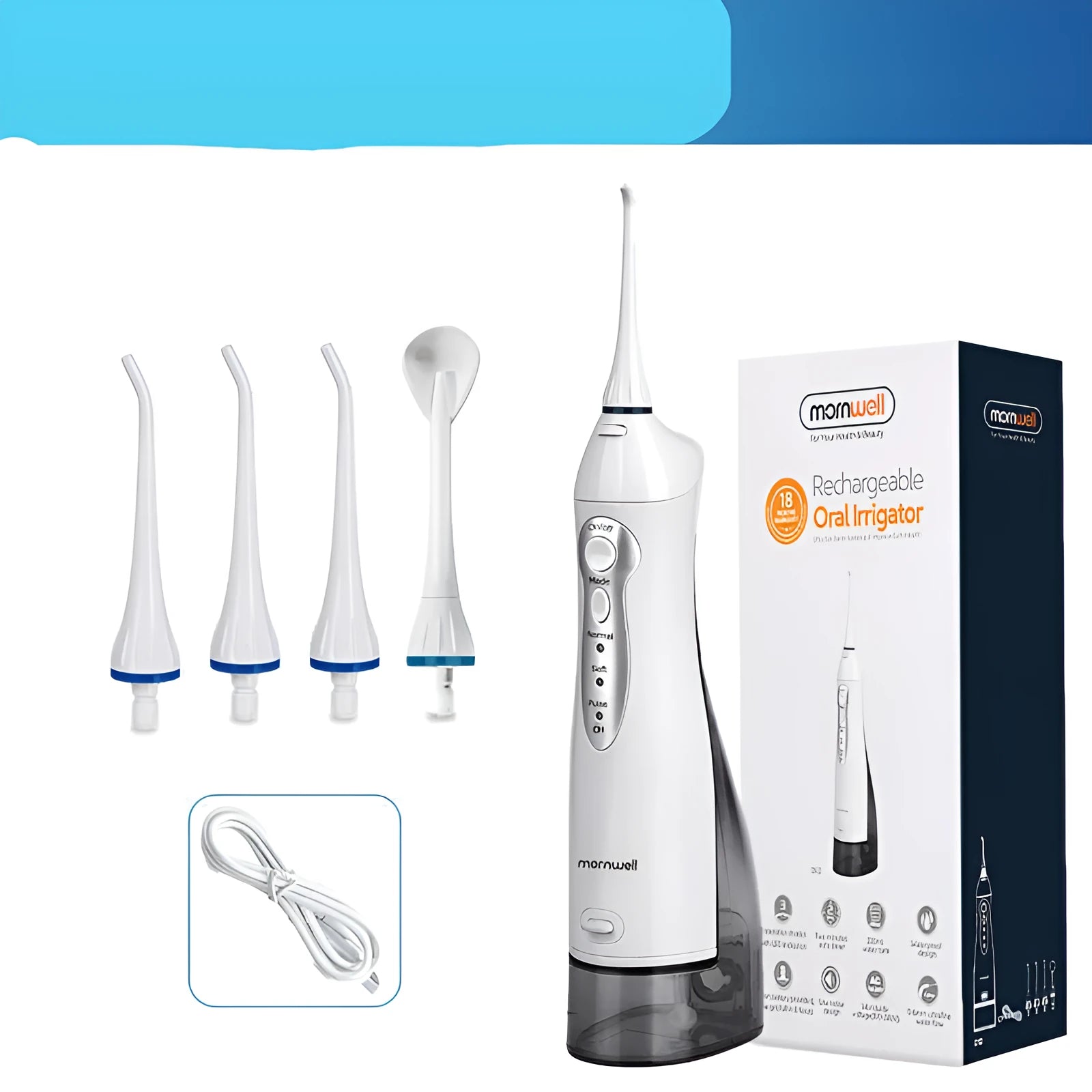 Electric oral irrigator with 330ml water tank, USB charging, and three cleaning modes on a bathroom counter