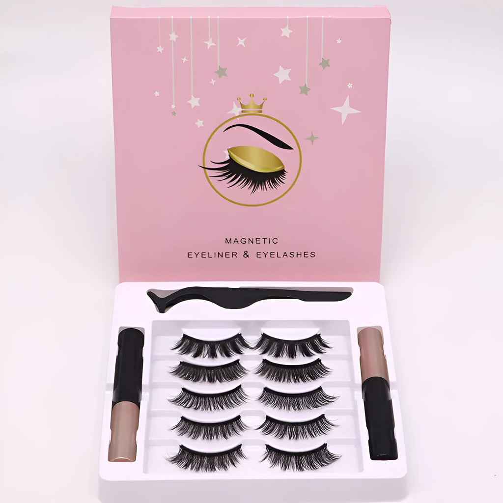 Black magnetic false eyelashes and dual-purpose eyeliner set with five magnetic points.
