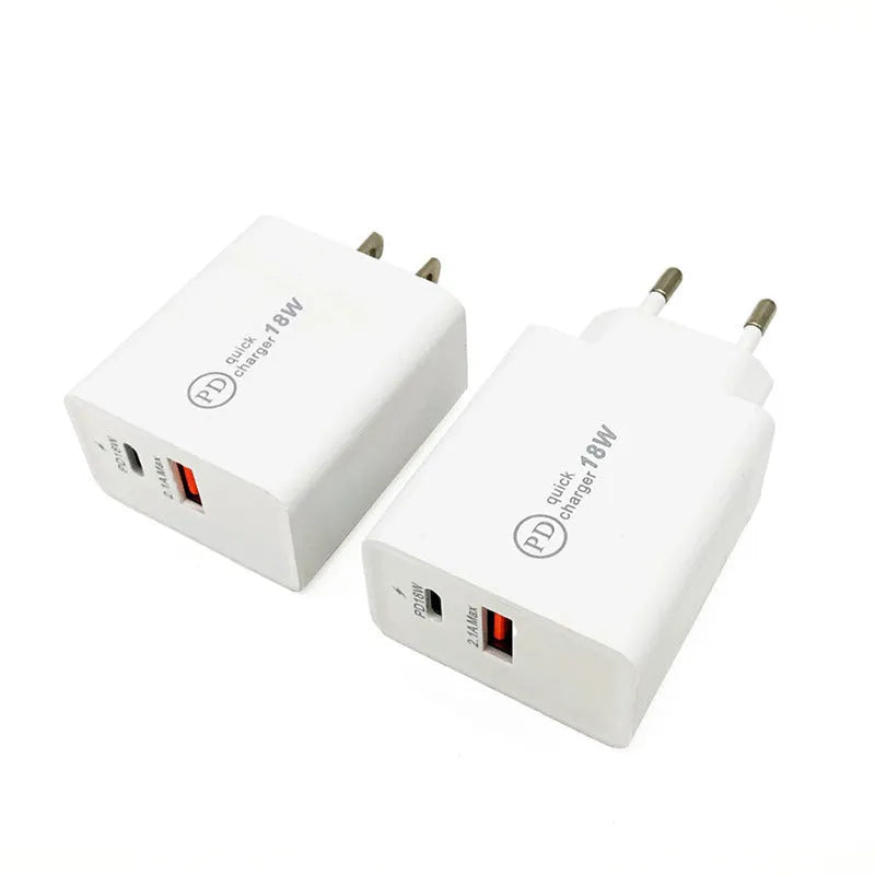 18W USB-C Power Delivery fast wall charger in black or white with US plug