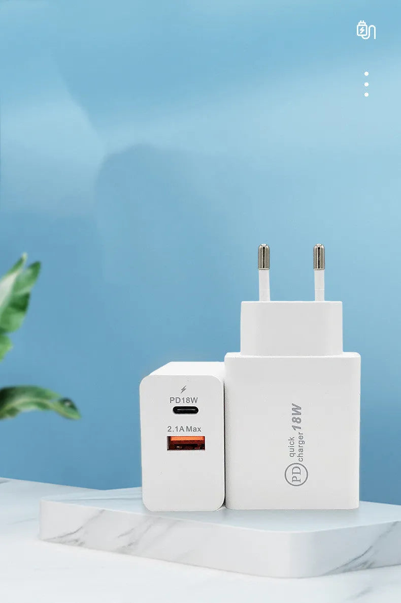 18W USB-C Power Delivery fast wall charger in black or white with US plug