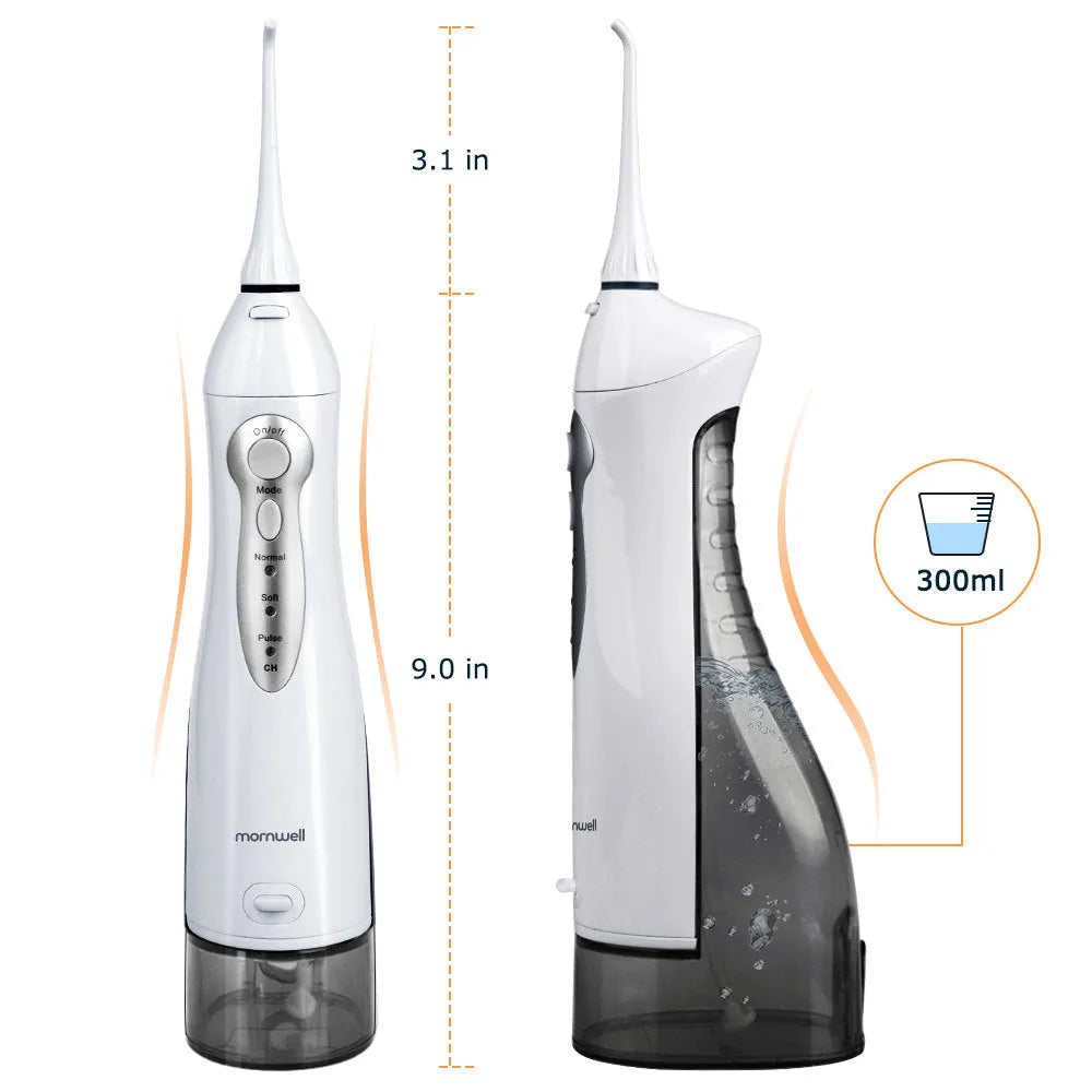 Electric oral irrigator with 330ml water tank, USB charging, and three cleaning modes on a bathroom counter