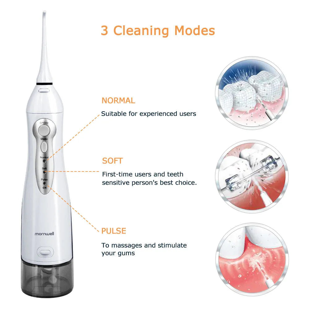 Electric oral irrigator with 330ml water tank, USB charging, and three cleaning modes on a bathroom counter