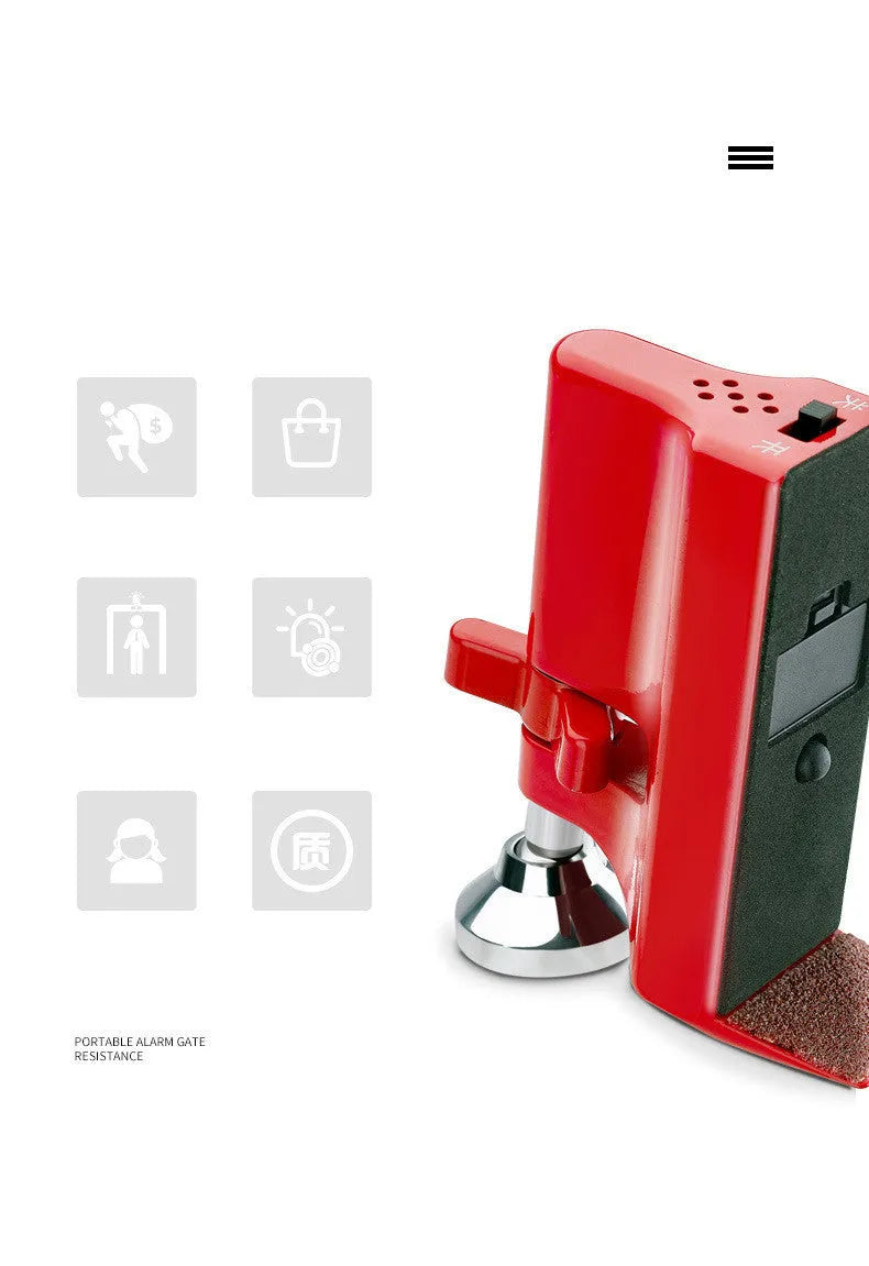 Red door stopper alarm by Jiadu, wolf guard style, with 80dB volume, on a door seam