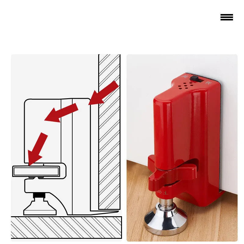 Red door stopper alarm by Jiadu, wolf guard style, with 80dB volume, on a door seam