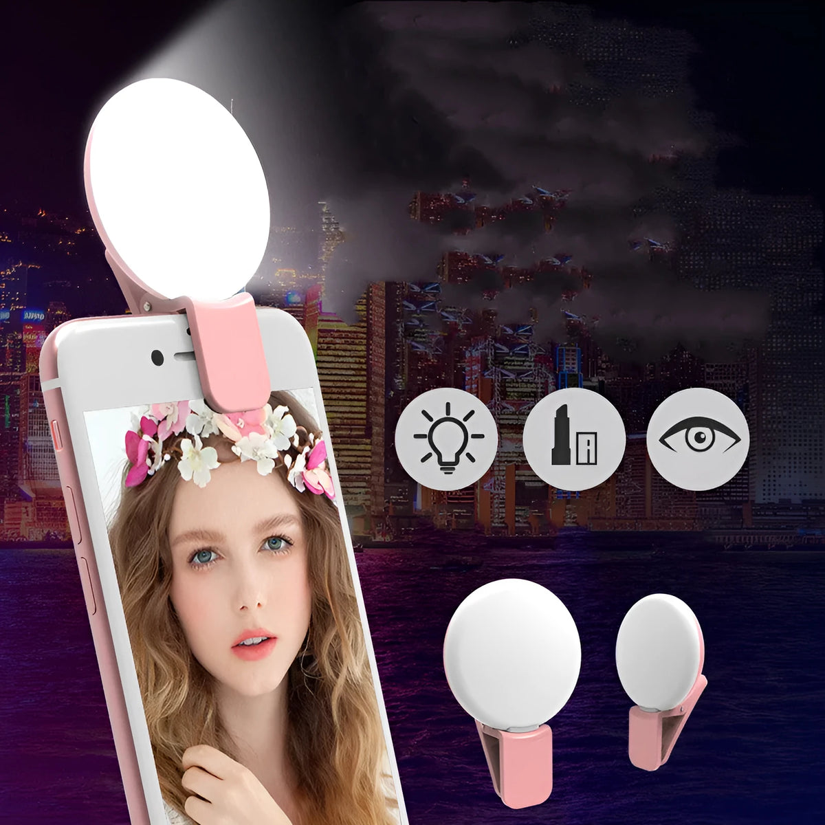 Round white clip-on mini fill light attached to a mobile phone for selfies