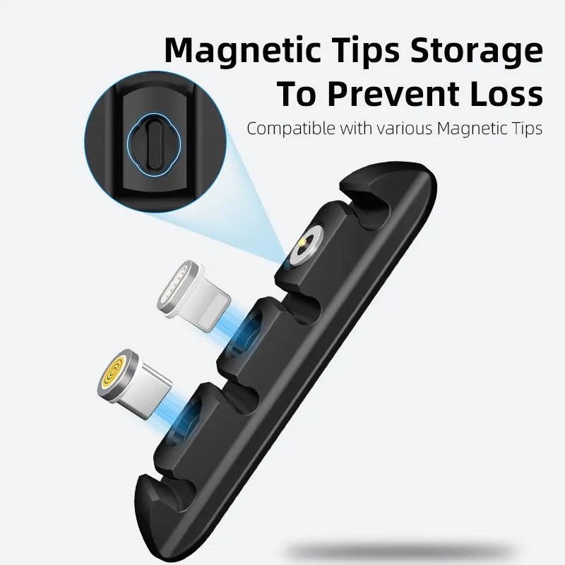 Black soft plastic desktop magnetic charging cable organiser on desk