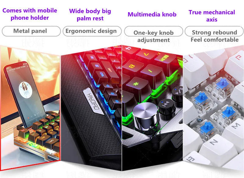 Silver Carving K100 metal wired mechanical keyboard with black axis switches, seven-colour backlight, large hand rest and phone holder