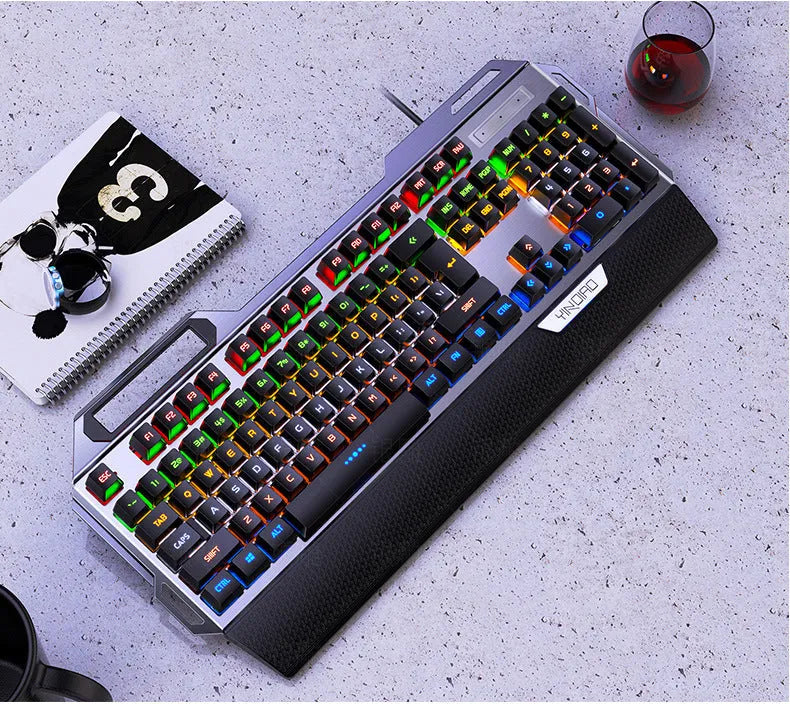 Silver Carving K100 metal wired mechanical keyboard with black axis switches, seven-colour backlight, large hand rest and phone holder