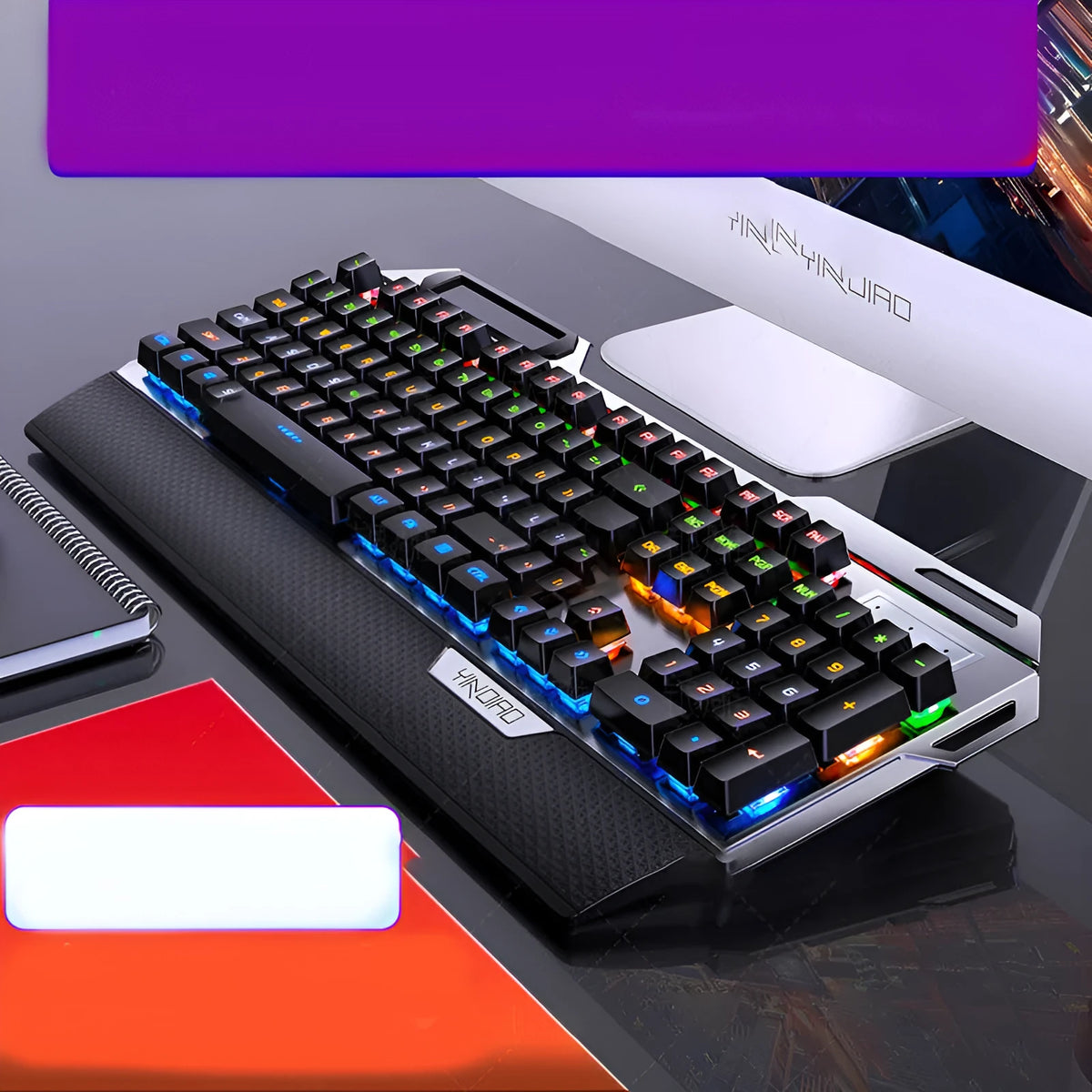 Silver Carving K100 metal wired mechanical keyboard with black axis switches, seven-colour backlight, large hand rest and phone holder