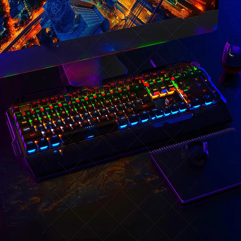 Silver Carving K100 metal wired mechanical keyboard with black axis switches, seven-colour backlight, large hand rest and phone holder