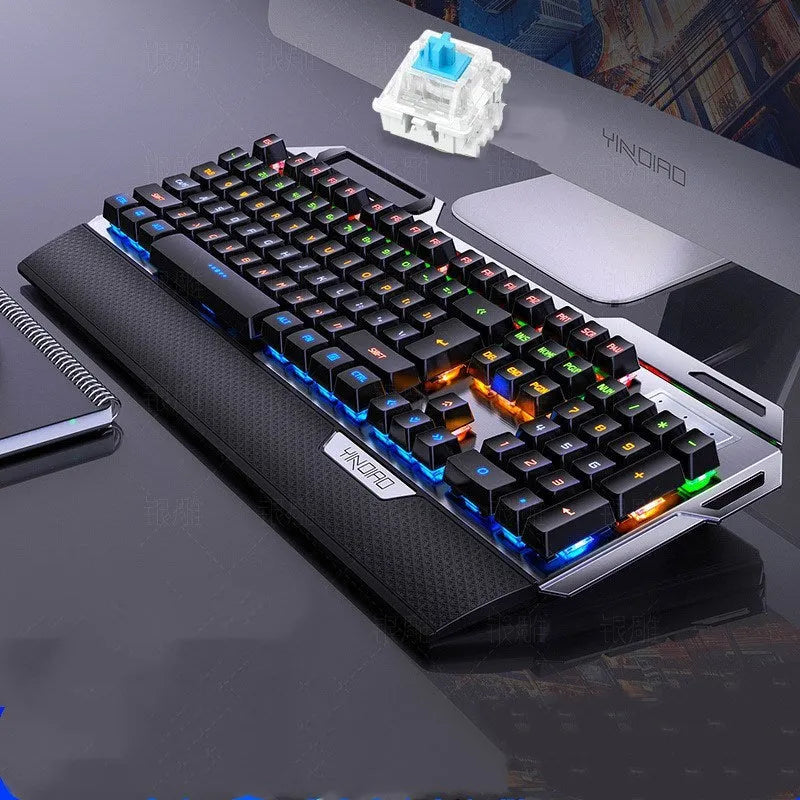 Silver Carving K100 metal wired mechanical keyboard with black axis switches, seven-colour backlight, large hand rest and phone holder