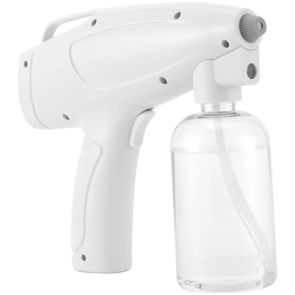 White handheld cordless electric spray disinfection gun with USB charging cable.