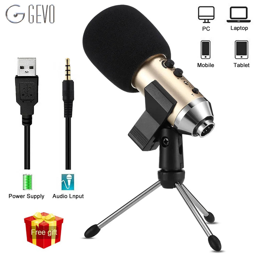 Gold USB condenser microphone with desktop stand for mobile phone and computer recording