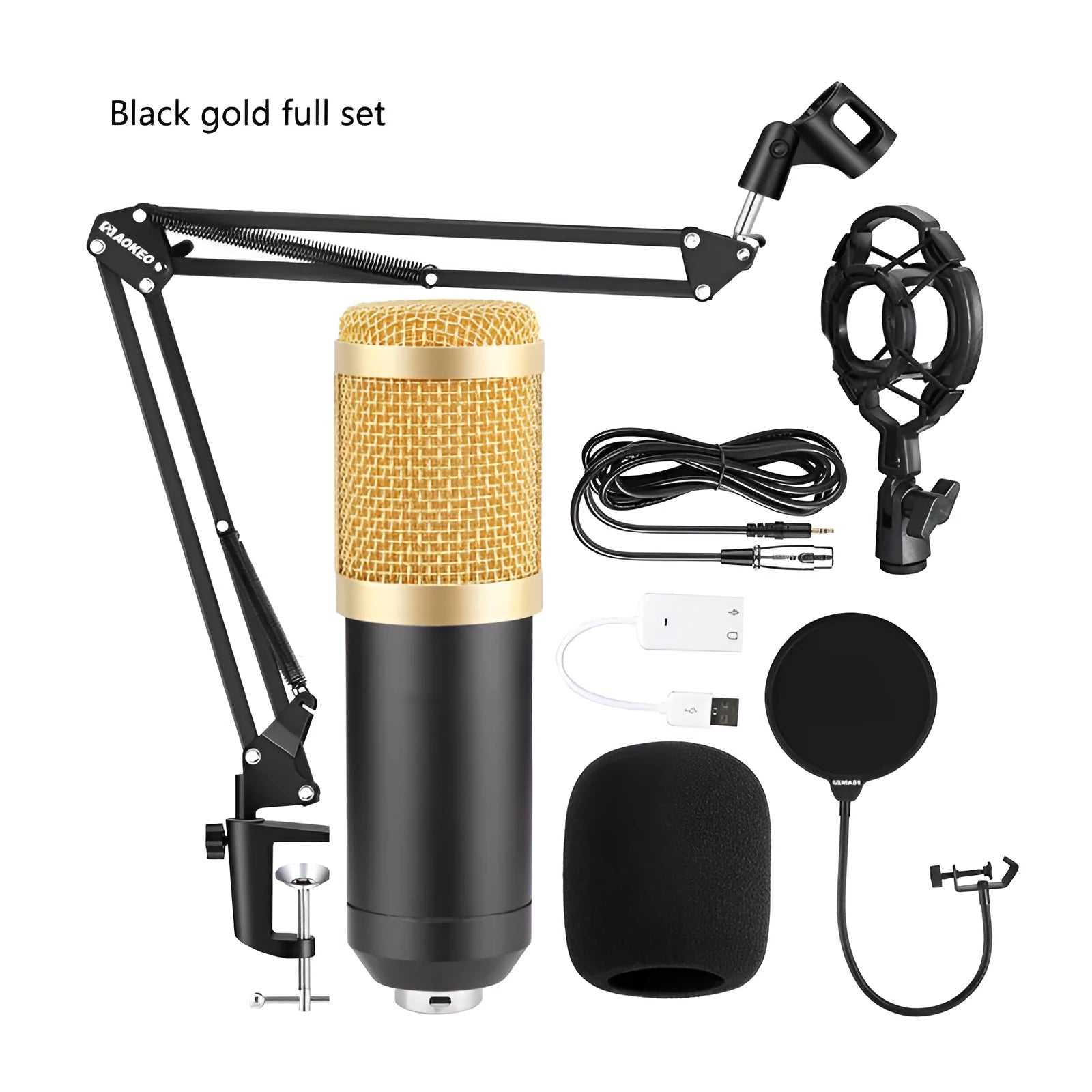BM800 condenser microphone kit with V8 sound card, shock mount, pop filter, and cantilever arm on a desk