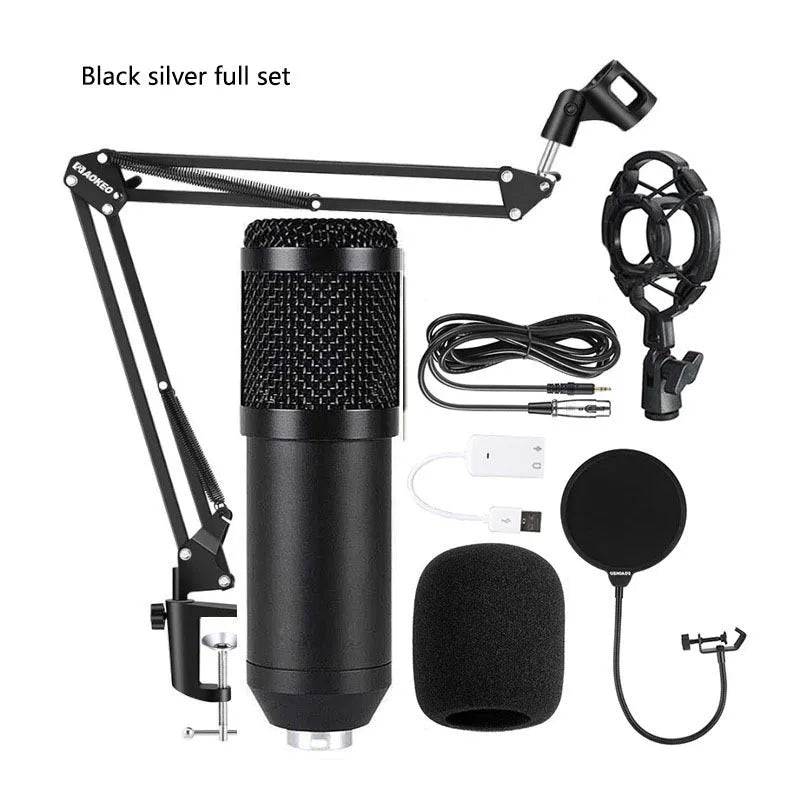 BM800 condenser microphone kit with V8 sound card, shock mount, pop filter, and cantilever arm on a desk