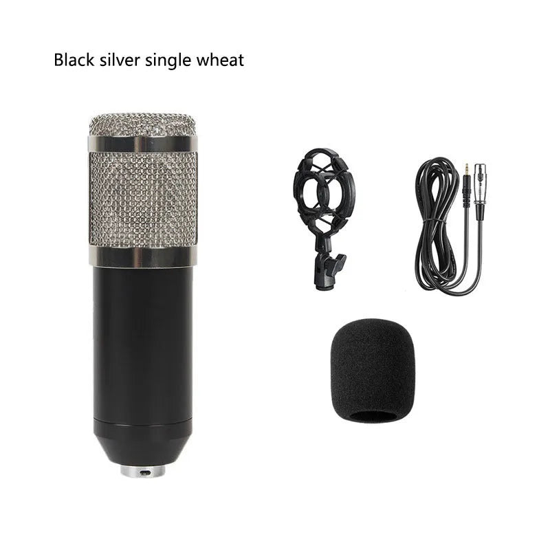 BM800 condenser microphone kit with V8 sound card, shock mount, pop filter, and cantilever arm on a desk