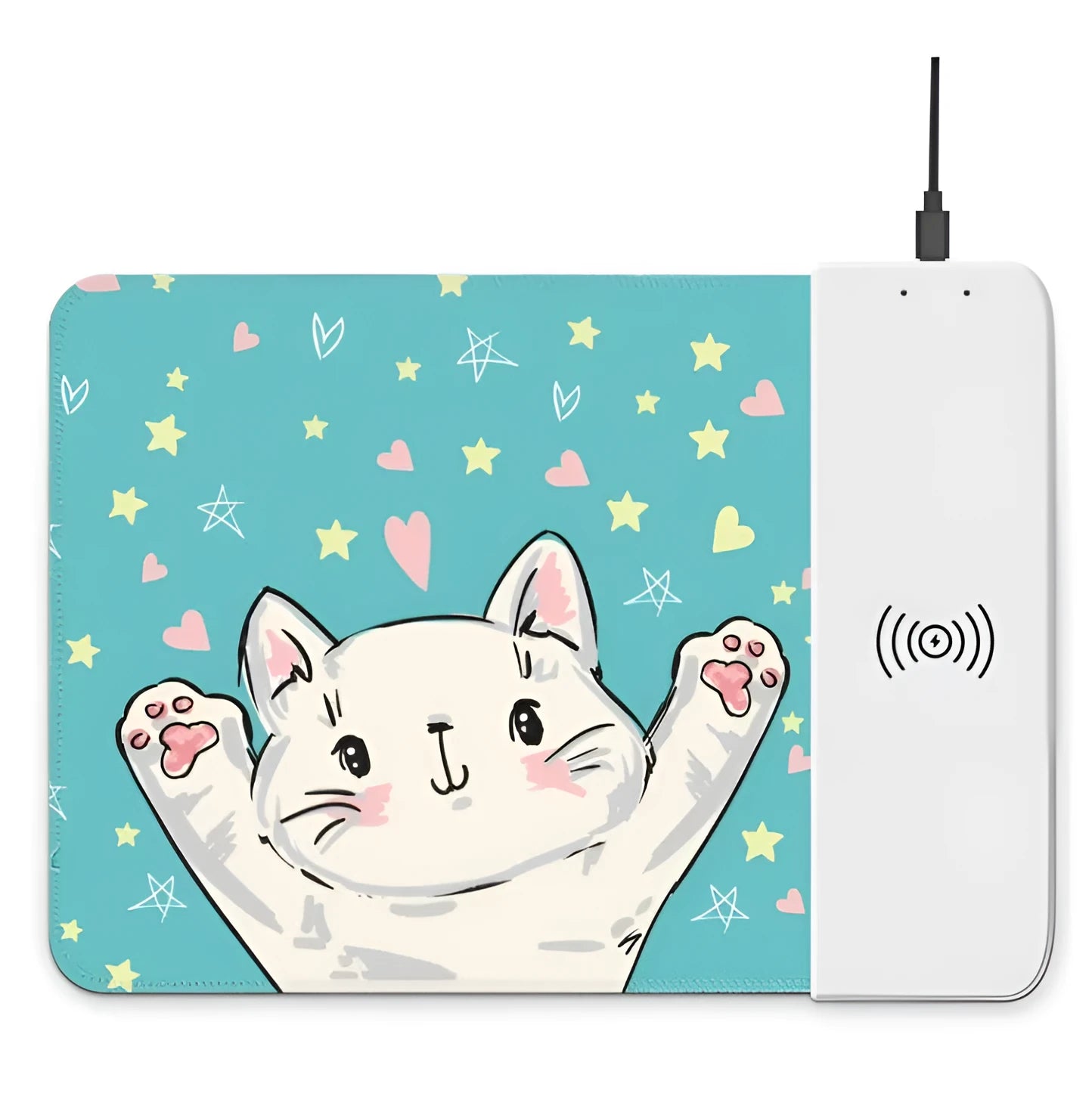Colourful cartoon wireless charging mouse pad with RGB lighting, showing non-slip rubber base and cloth surface.