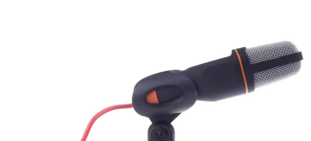 Black wired microphone with adjustable metal clip holder and long cable for PC and karaoke use.
