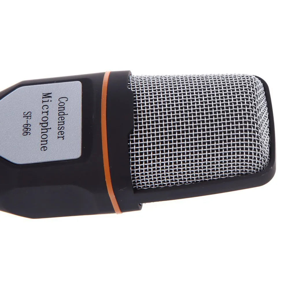 Black wired microphone with adjustable metal clip holder and long cable for PC and karaoke use.