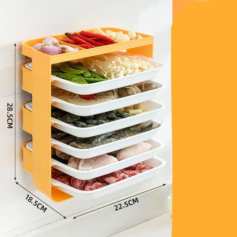 Wall-mounted kitchen side dish rack with frosted plastic finish in yellow, three layers