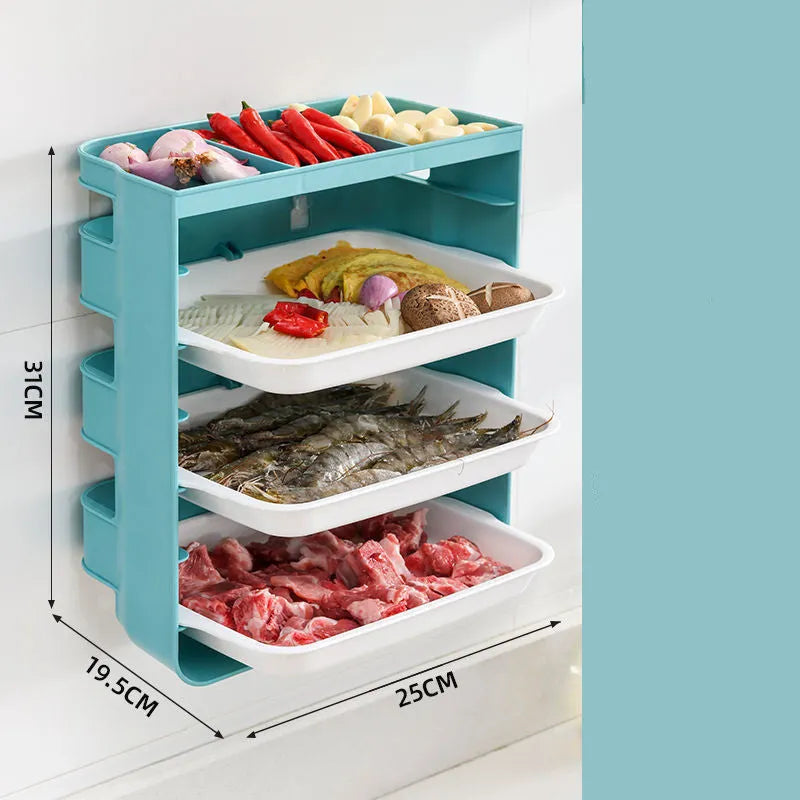 Wall-mounted kitchen side dish rack with frosted plastic finish in yellow, three layers