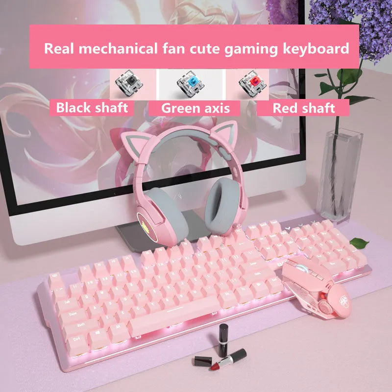 Pink mechanical gaming keyboard and wired mouse set on desk with USB cables