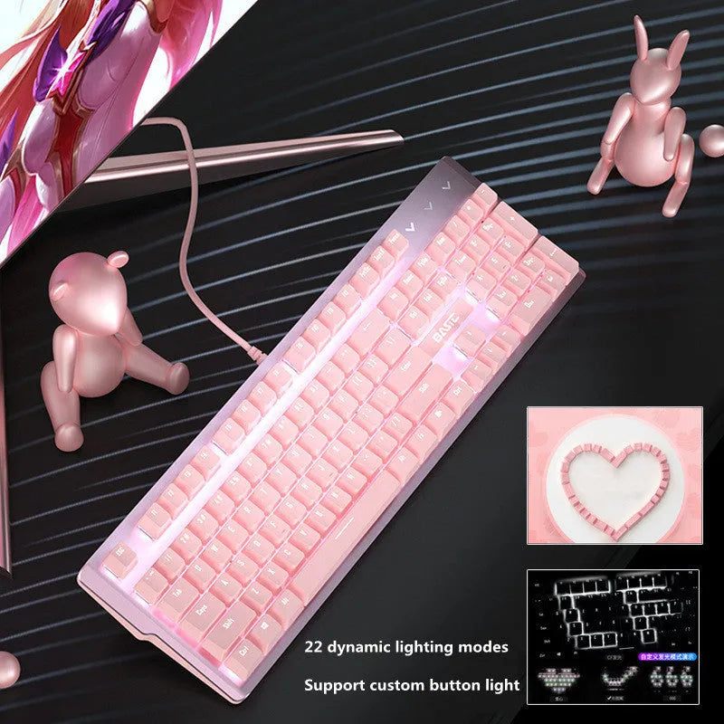 Pink mechanical gaming keyboard and wired mouse set on desk with USB cables