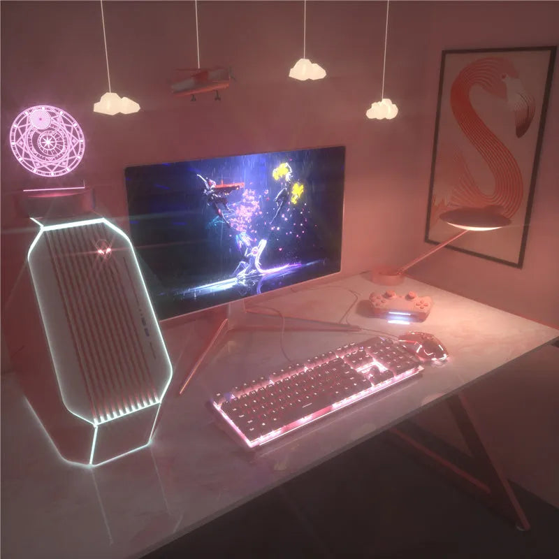 Pink mechanical gaming keyboard and wired mouse set on desk with USB cables